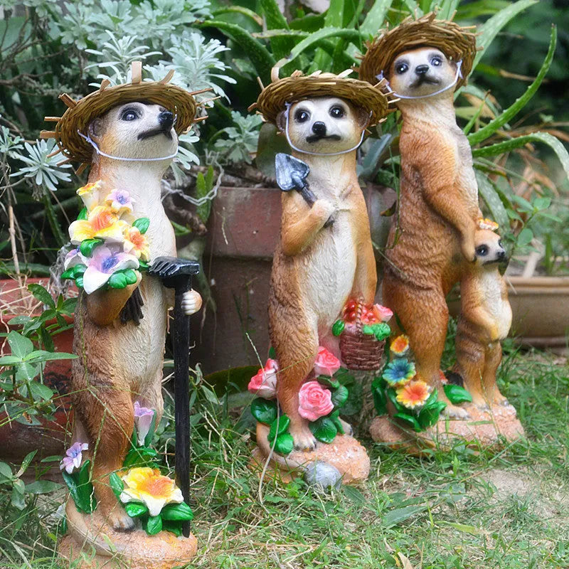 Straw hat mongoose resin garden ornaments with gardening tools in yellow brown colours