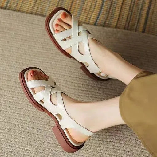 Women's patent leather square-toe sandals in retro style with cross-strap design