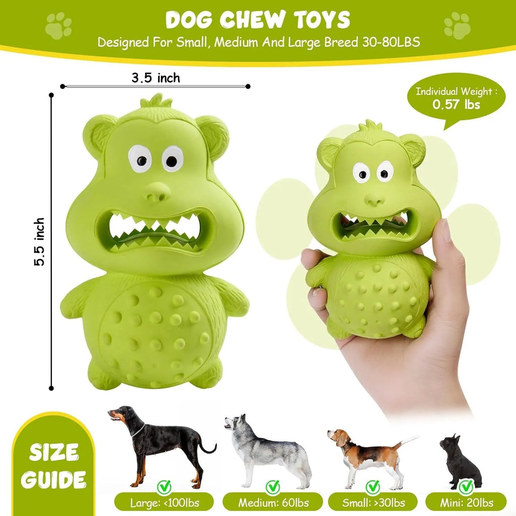 Green and yellow natural rubber chew toy for large breed aggressive dogs on a wooden floor.