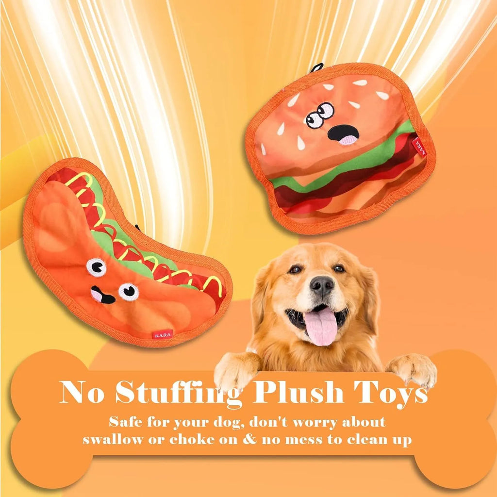 Food-themed crinkle squeaky dog toys in burger, fries, hot dog, and pizza designs for interactive play