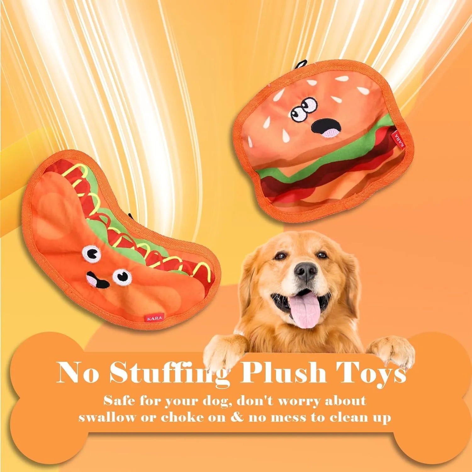 Food-themed crinkle squeaky dog toys in burger, fries, hot dog, and pizza designs for interactive play