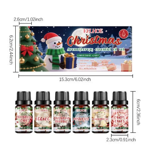 Christmas aromatherapy oil set showing six 60ml bottles and six 10ml bottles for festive home fragrance