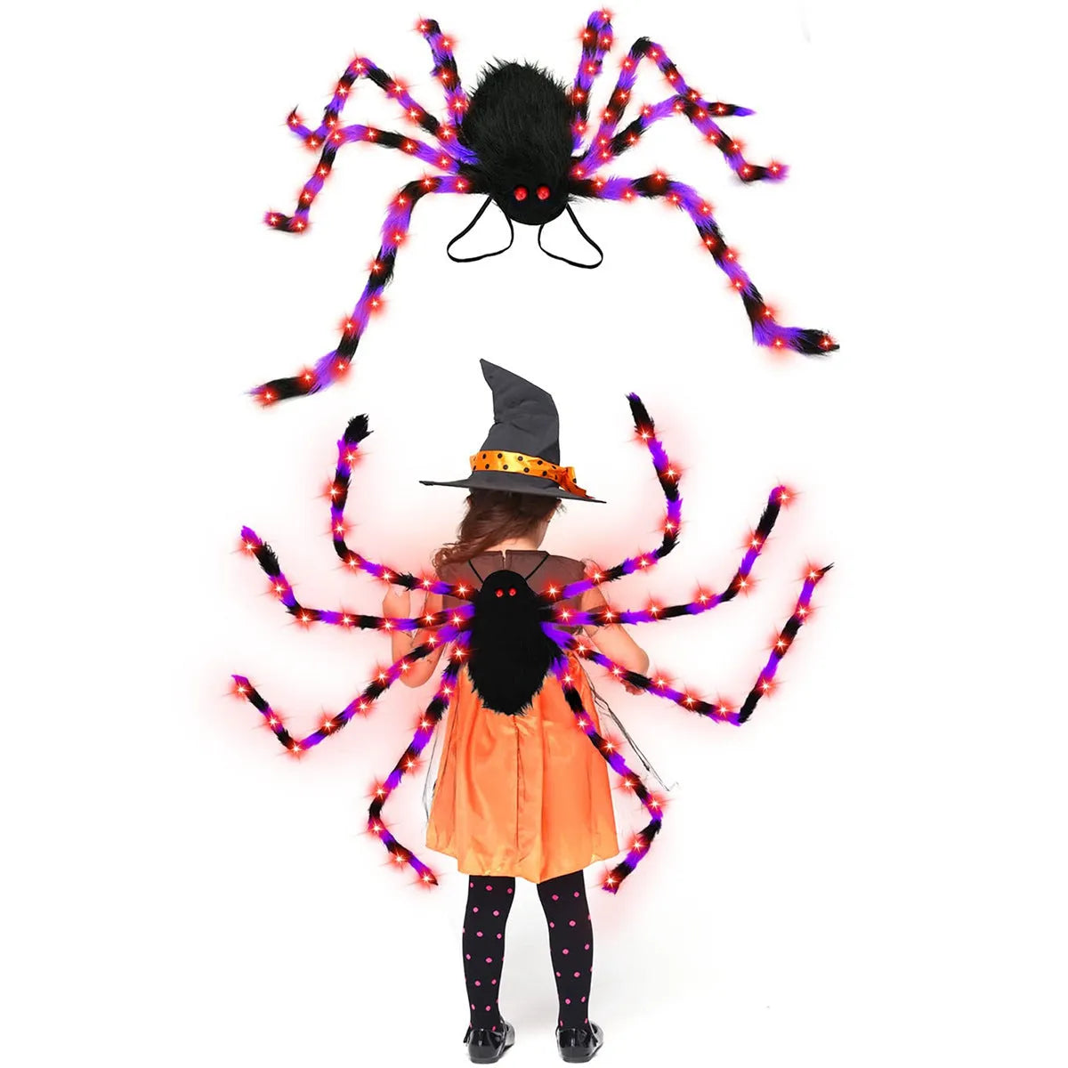 Halloween spider backpack with LED lights in plush sugar bag material showing colour variations