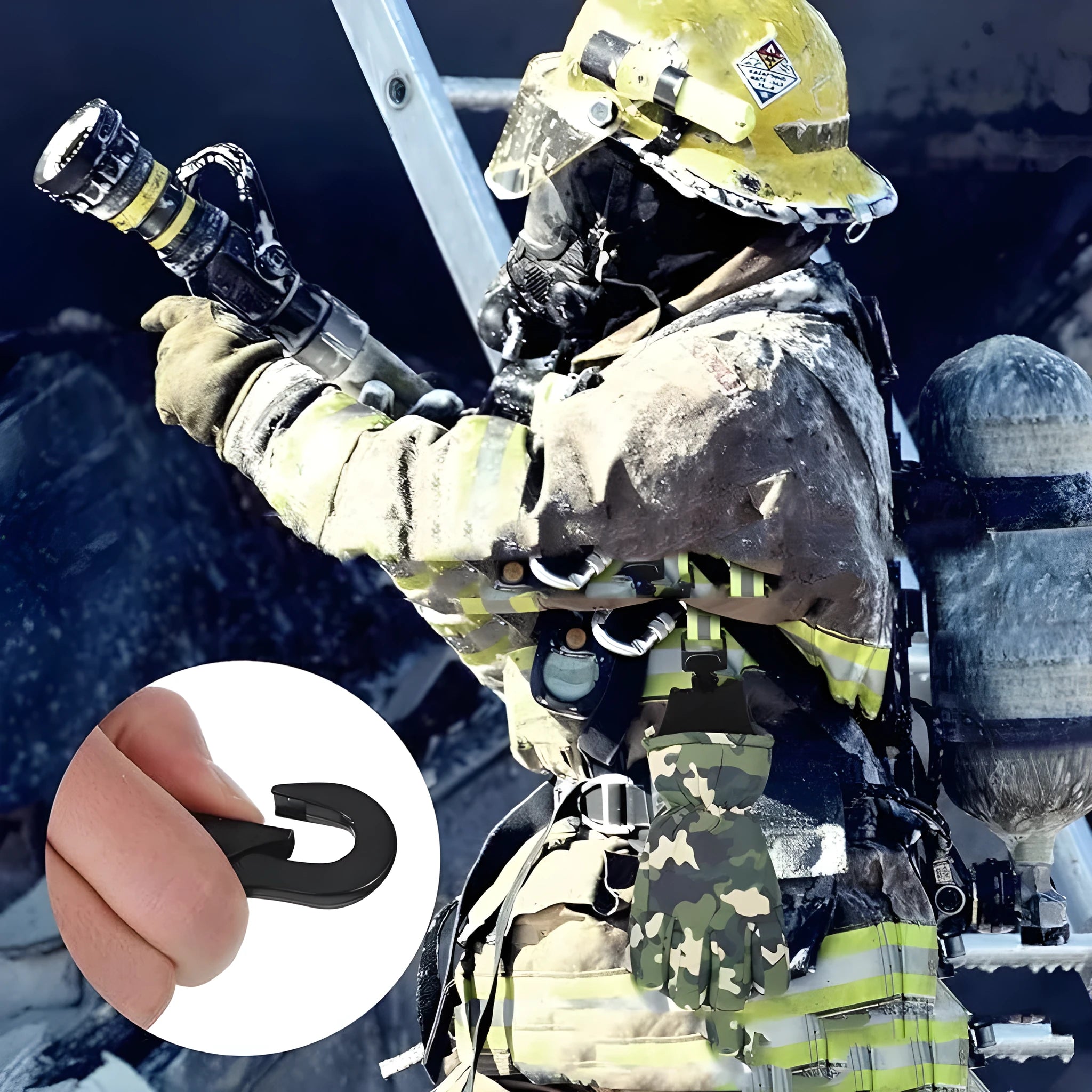 Fluorescent green metal safety clamp with reflective nylon lining for attaching work gloves.