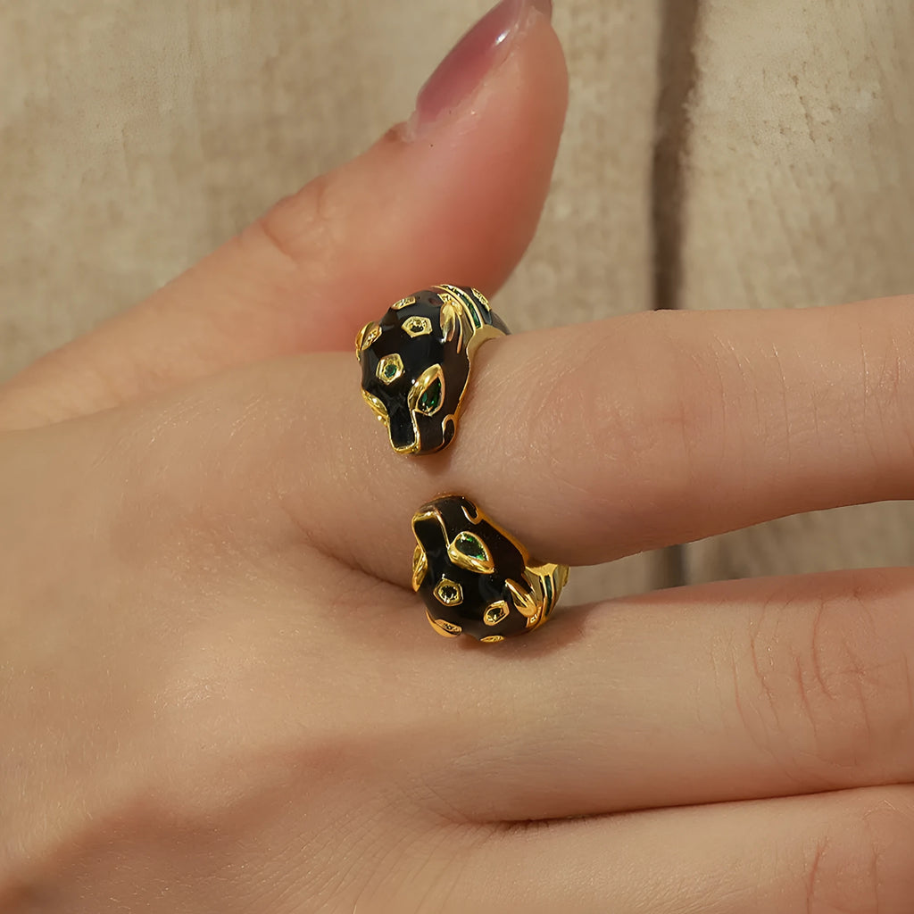 Women's geometric open ring with black cheetah drip pattern on copper, size no.7