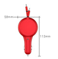 Black retractable car charger with extended cables plugged into a car power outlet.