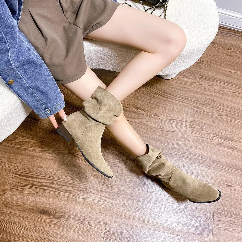 Women's pointed toe retro suede boots with thick heel below the knee in black