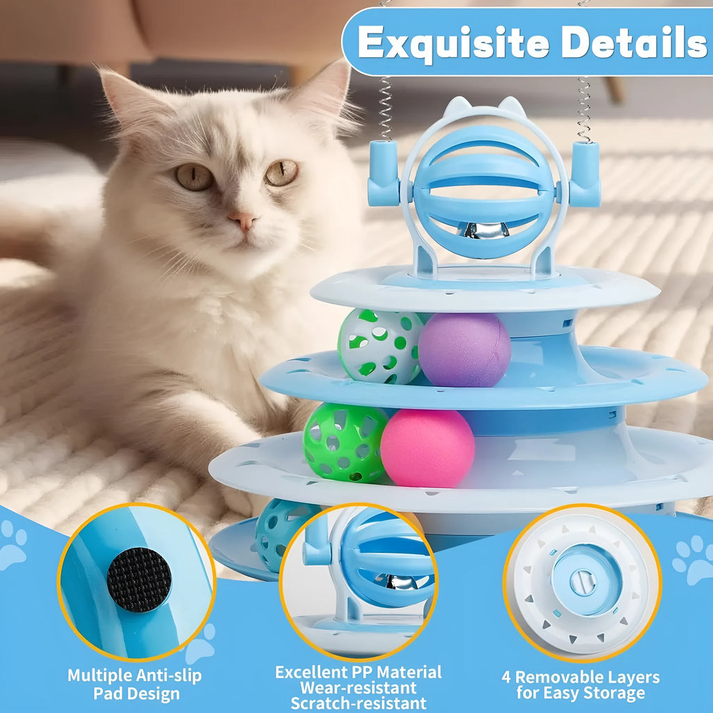Interactive 4-tier cat puzzle toy with rotating carousel, 6 balls, and teasing rods in blue, green, or pink colours