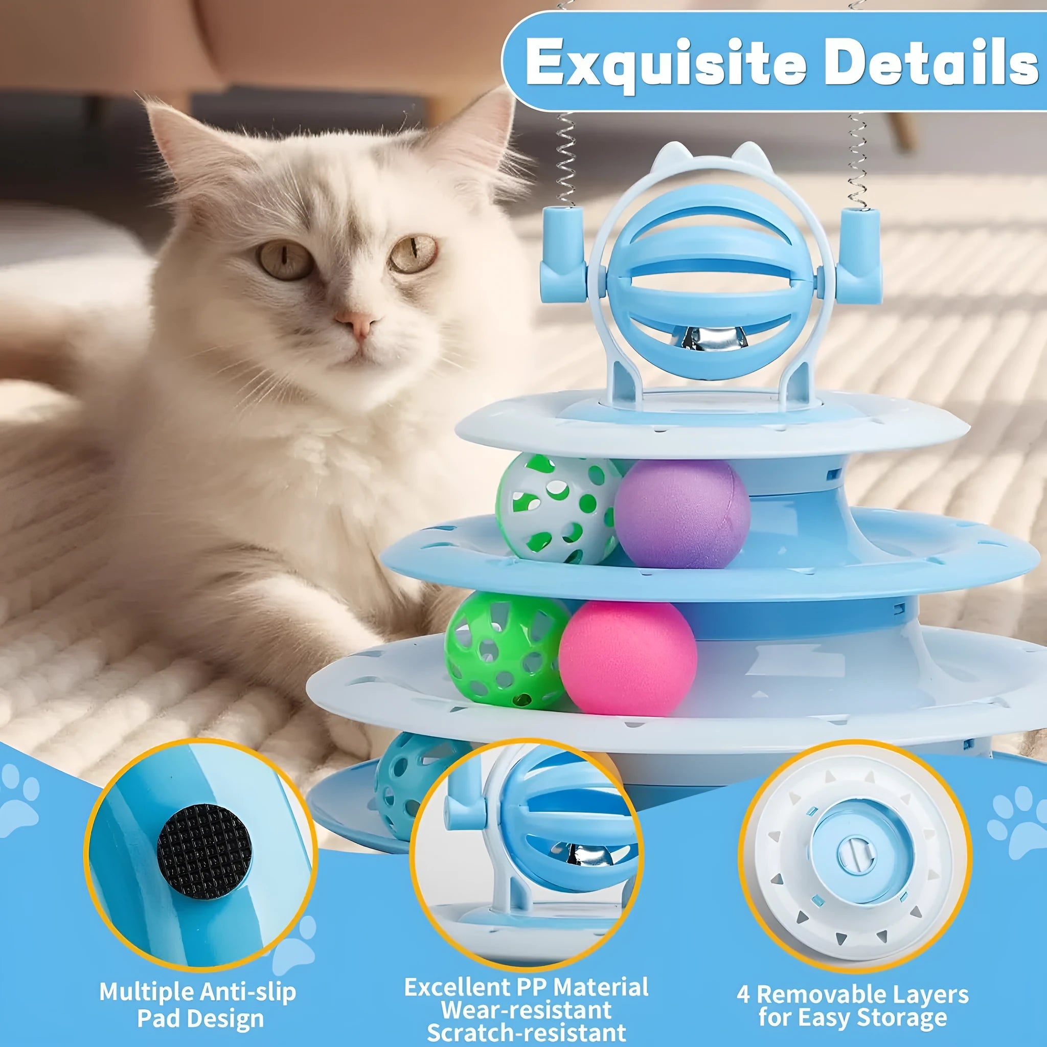 Interactive 4-tier cat puzzle toy with rotating carousel, 6 balls, and teasing rods in blue, green, or pink colours