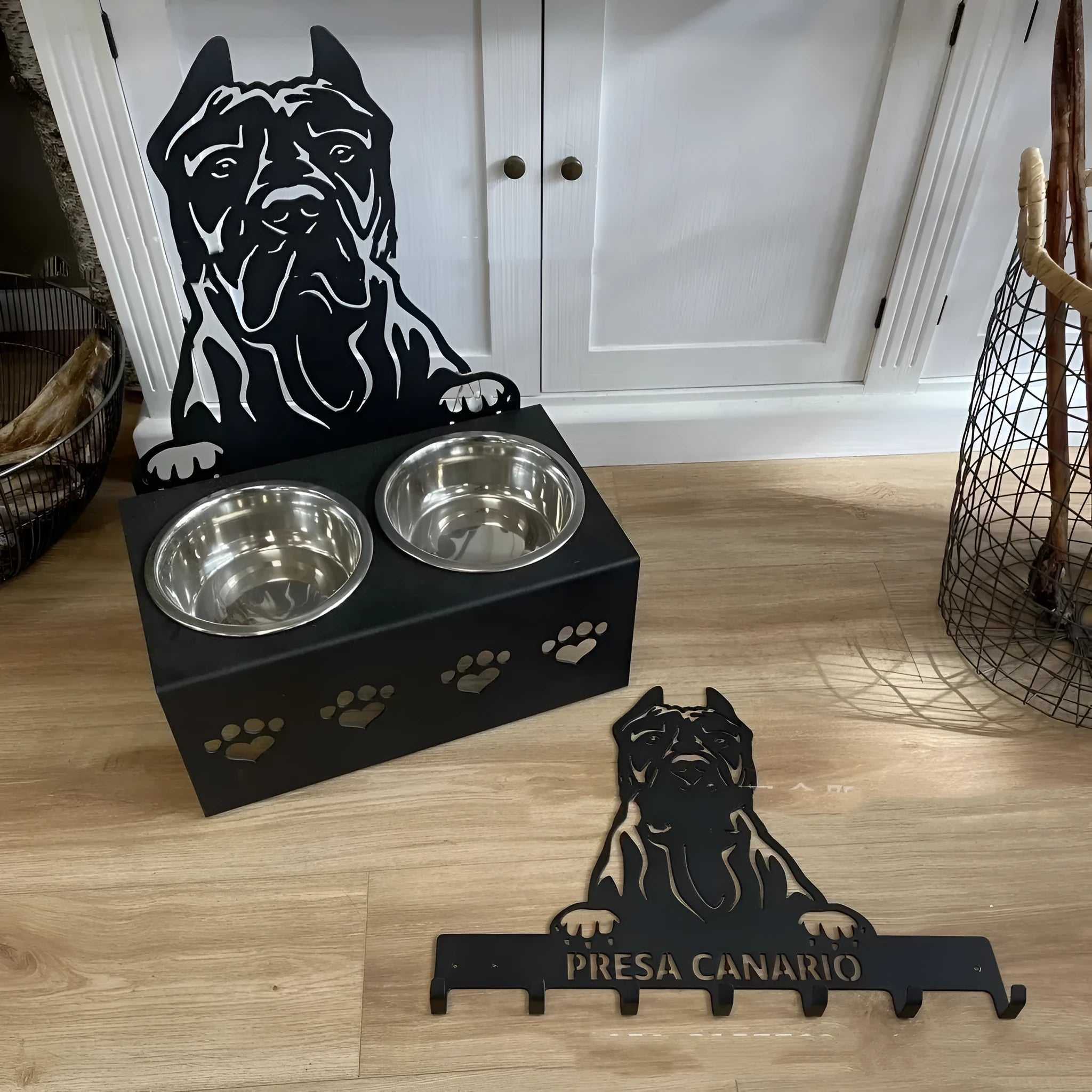 Personalised dog bowl set with stainless steel bowl and iron stand in custom colour