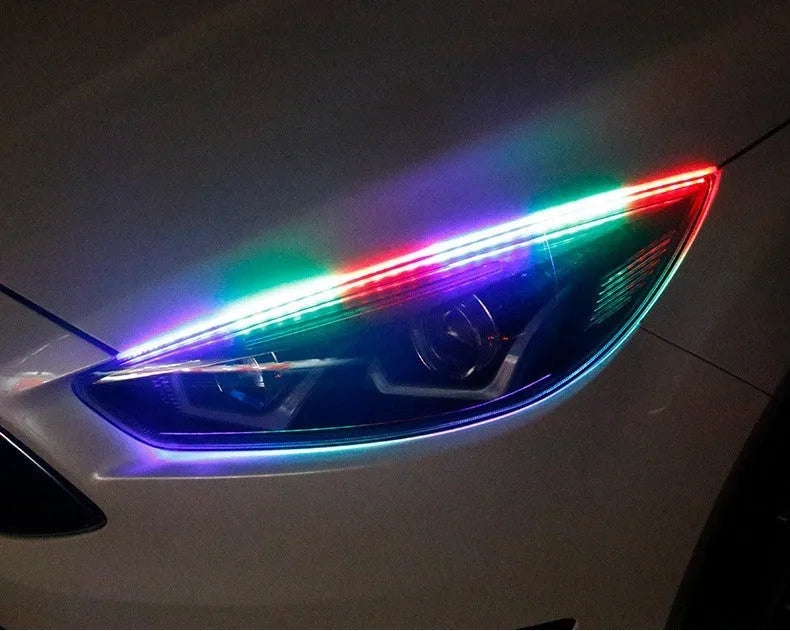 Colour-changing LED daytime running light strip with remote control for General Motors cars.