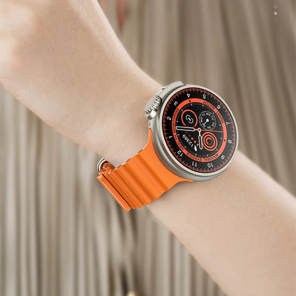 K9 smart watch with black silicone strap and round screen on a wrist