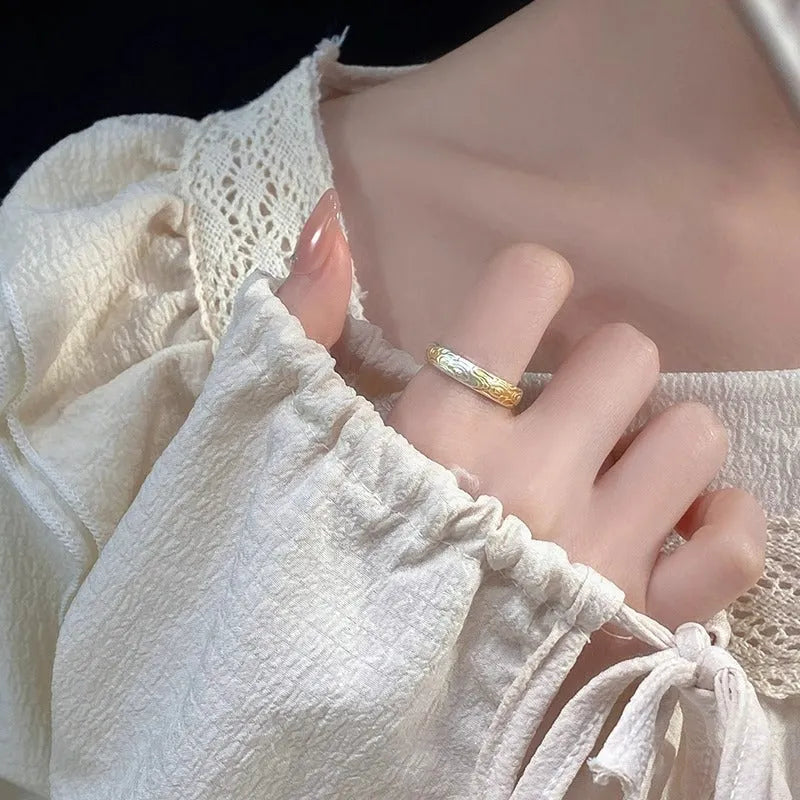 Open mouth adjustable ring with xiangyun pattern in gold electroplating on white copper
