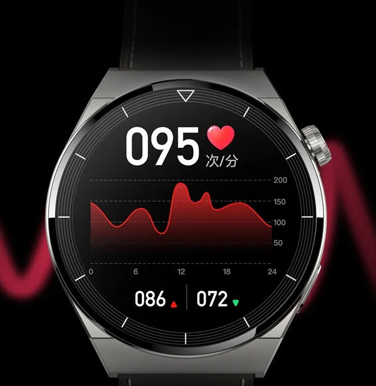 Black Android smart watch with round dial and silicone strap, displaying a watch face on its 1.36-inch screen.