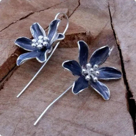 Purple flower earrings with alloy electroplated construction and floral design jewellery