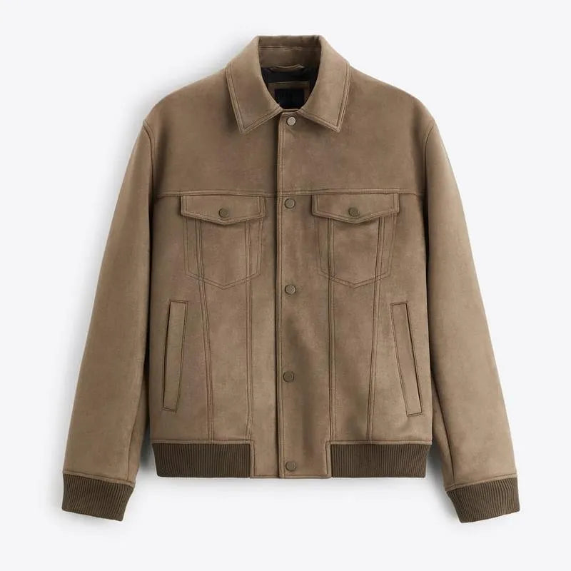 Stretch spandex suede velvet commuter jacket in mink colour with British styling and long sleeves