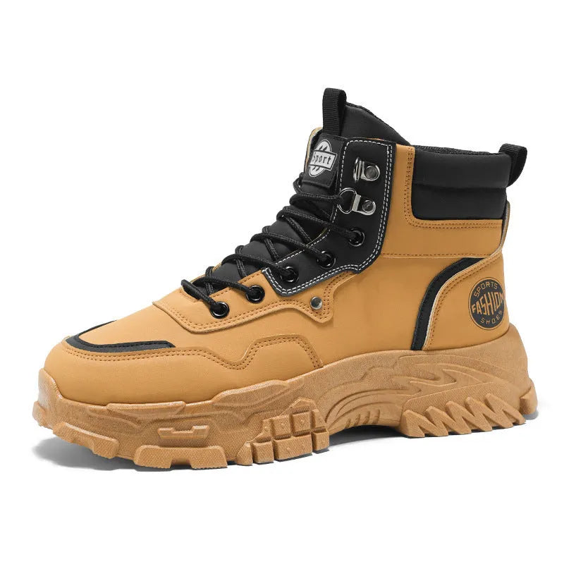 Men's black and yellow Martin boots with PU upper and injection moulded sole