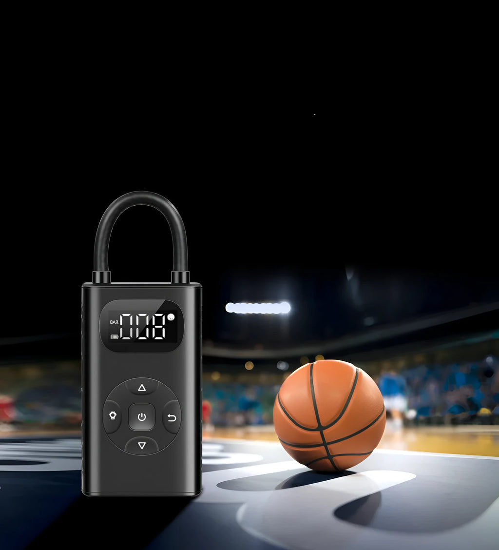 Black portable tyre inflator with digital display and 16cm inflatable tube for car motorcycle bicycle