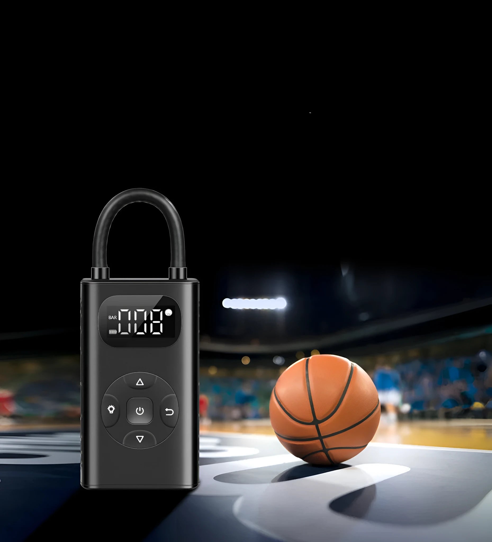 Black portable tyre inflator with digital display and 16cm inflatable tube for car motorcycle bicycle