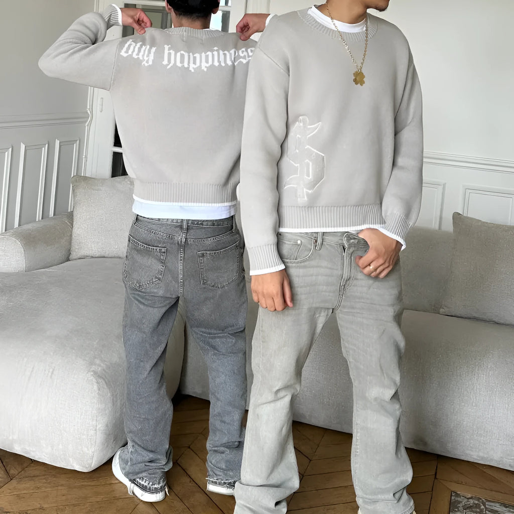 Grey jacquard loose-fitting knitwear coat with long sleeves and pullover style for autumn winter wear