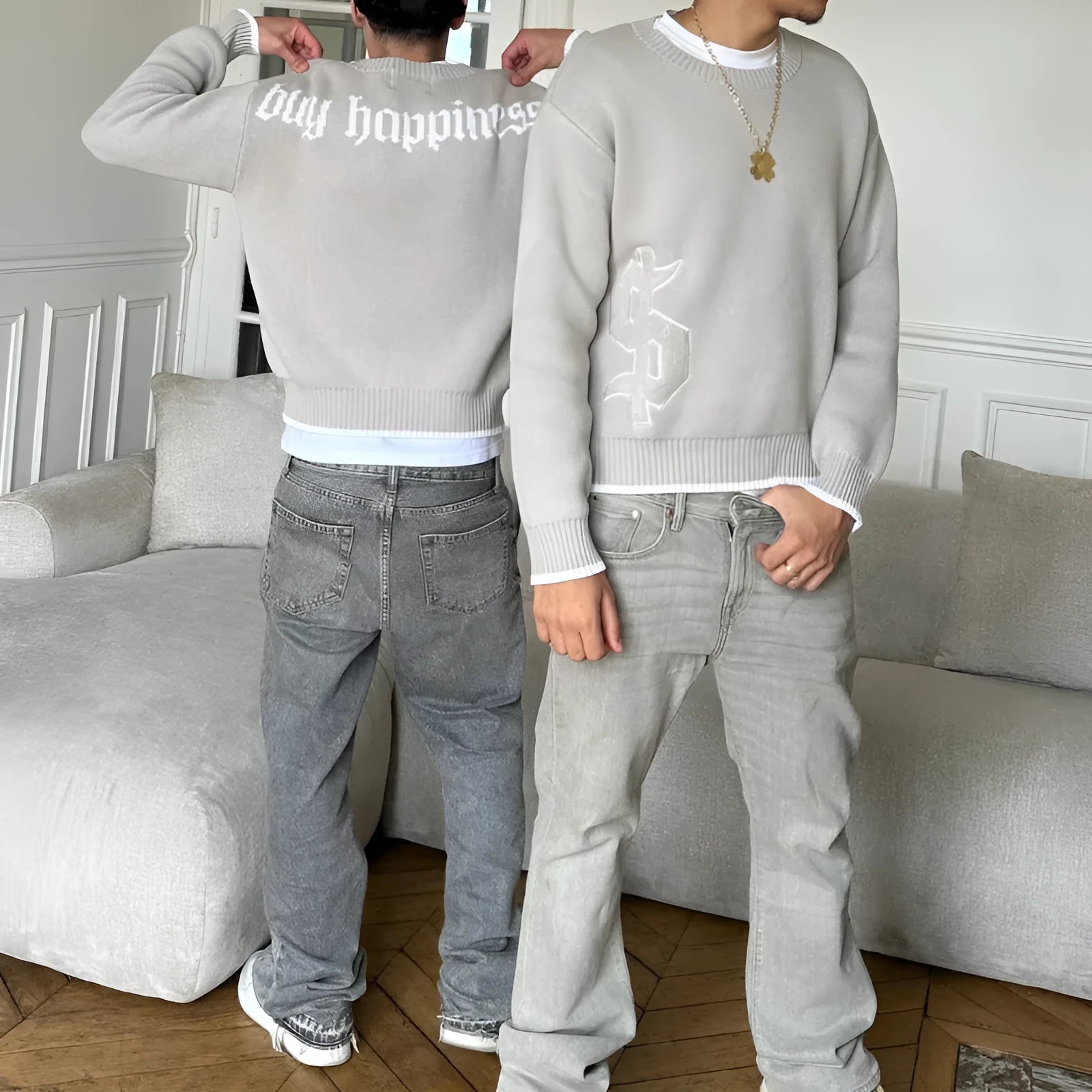 Grey jacquard loose-fitting knitwear coat with long sleeves and pullover style for autumn winter wear