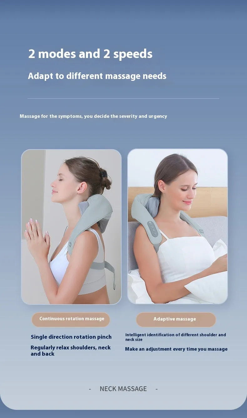 Grey elastic fabric neck and back massager with infrared physiotherapy function and USB charging port