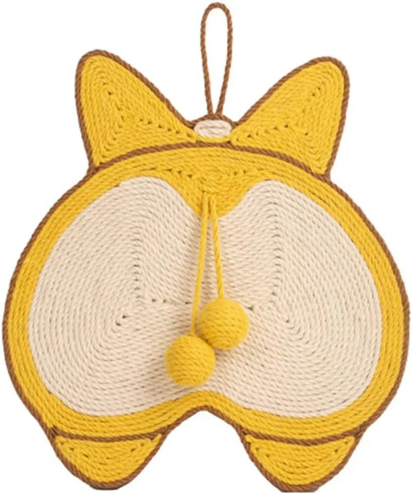 Yellow Corgi design cat scratching board with natural sisal surface measuring 37x40cm