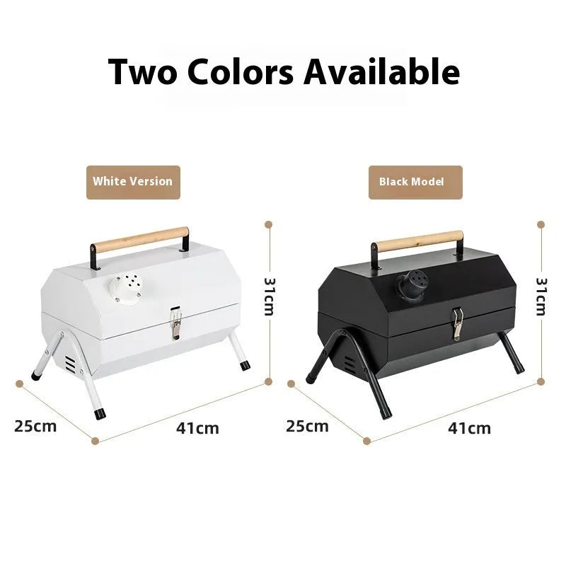 White round portable folding grill with detachable carbon tank for outdoor baking and frying