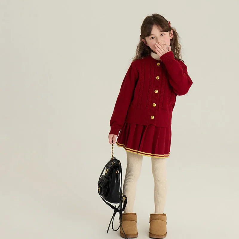 Red velvet yarn knit cardigan and pleated skirt two-piece set for girls 90-160cm