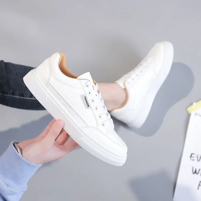 Women's white and brown Korean-style low-top casual sneakers with artificial PU upper.