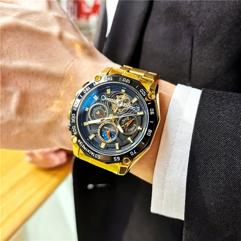 Automatic mechanical watch for men showing silver case with white dial