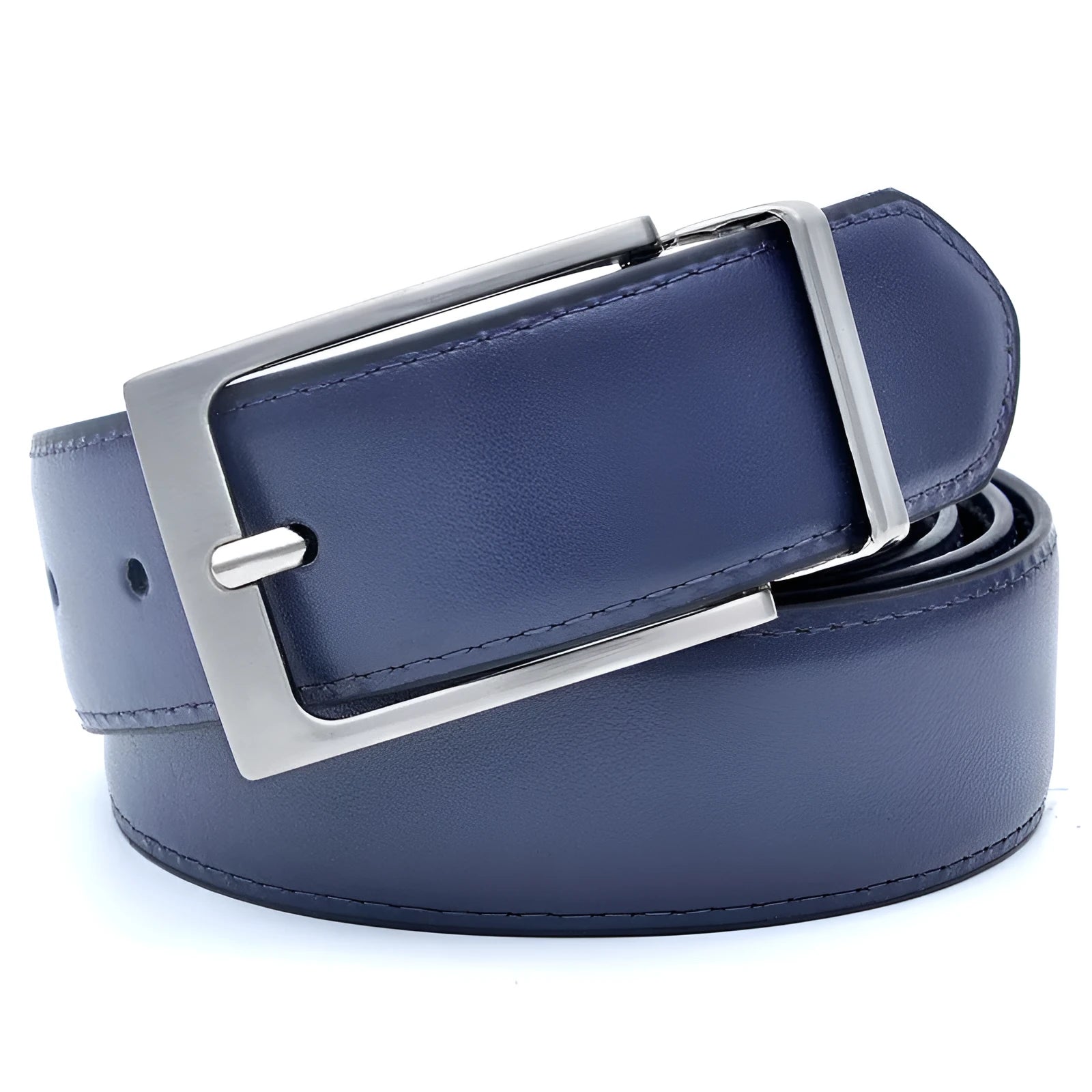 Men's dark brown and black genuine leather belt with a silver rotating pin buckle.
