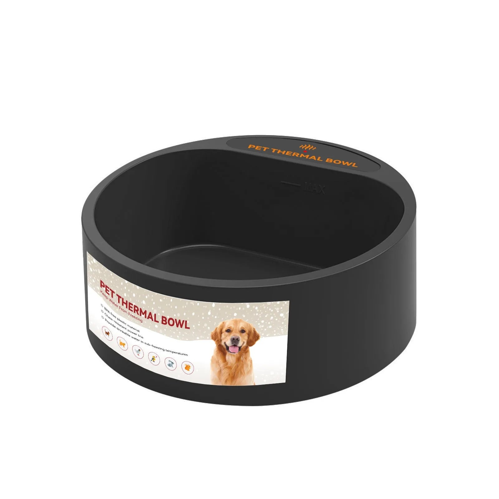 Black ABS plastic pet heating bowl with 2.2 litre capacity and electrical cord