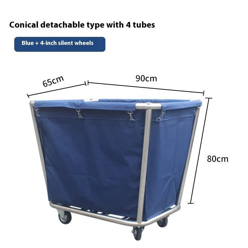 Stainless steel hotel linen trolley with blue bag and multiple tubes for housekeeping use