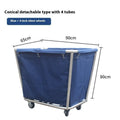 Stainless steel hotel linen trolley with blue bag and multiple tubes for housekeeping use