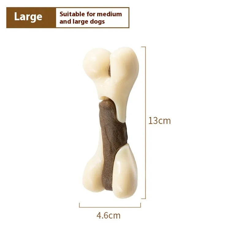 Cowhide and nylon bone grinding rod dog chew toy in small and large foodie bones sizes