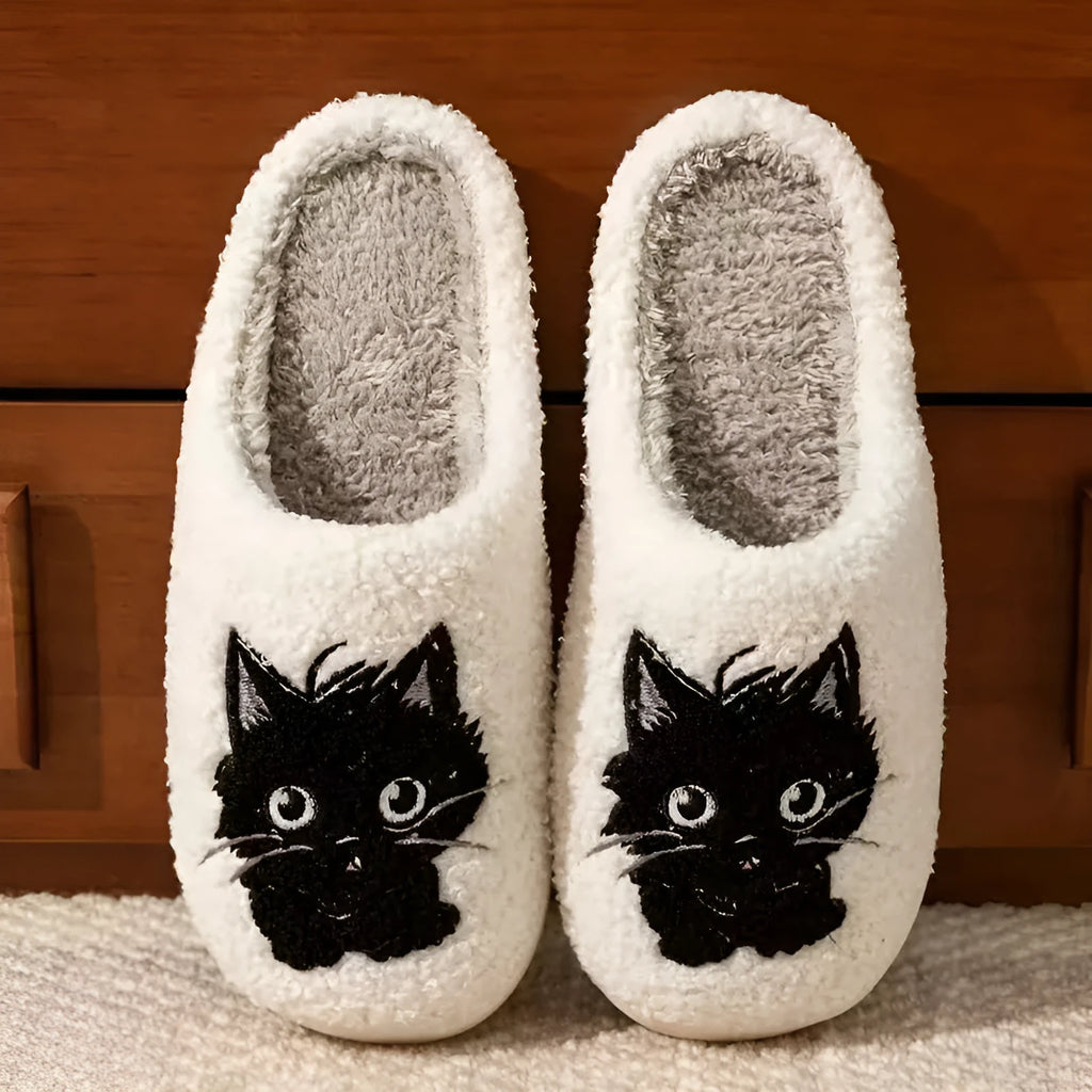 White plush slippers with black beard cat couple cartoon design and non-slip soles