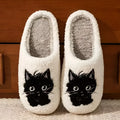 White plush slippers with black beard cat couple cartoon design and non-slip soles