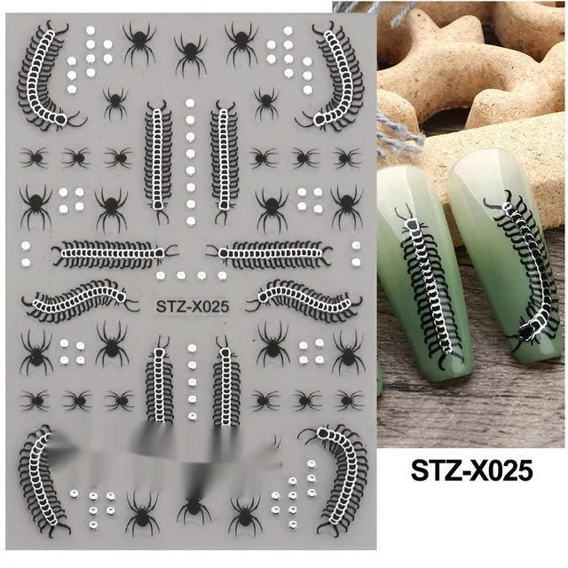 Set of 60 black and silver cartoon pattern nail strip stickers with plastic application patch.