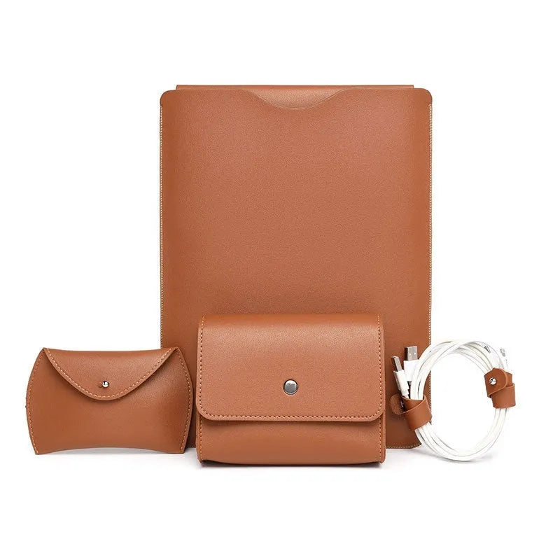 Four piece set of imitation leather lock edge notebook liners in brown grey apricot and pink for laptops