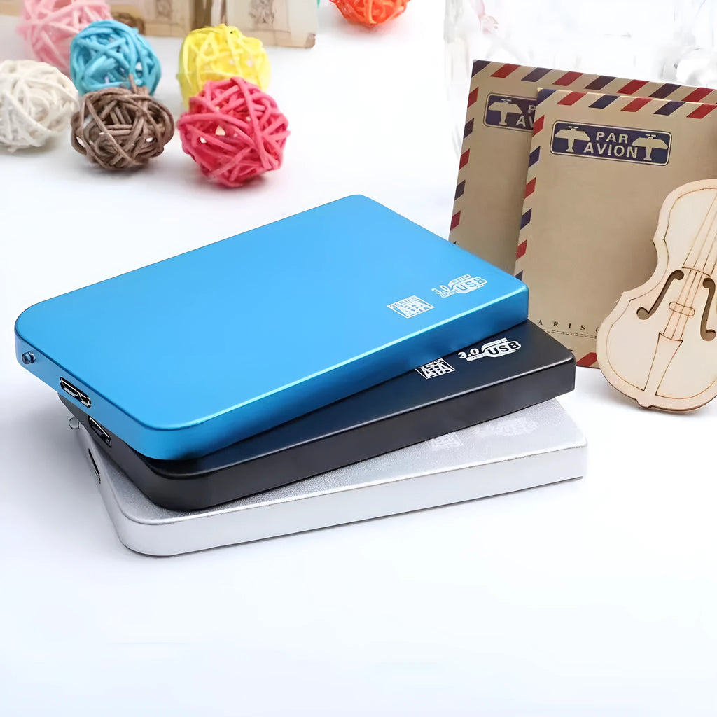 USB 3.0 external solid state drive with metal shell in black, blue, red, or silver colour options