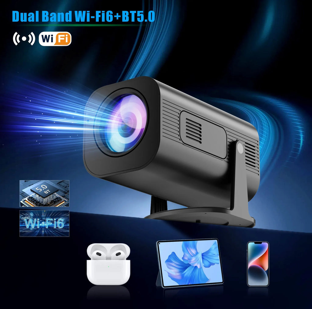 Black P330 portable mini projector with remote control on table displaying movie projection