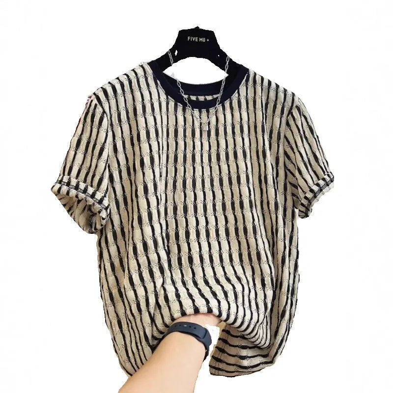 Men's black striped loose short sleeve top in silk and linen blend fabric