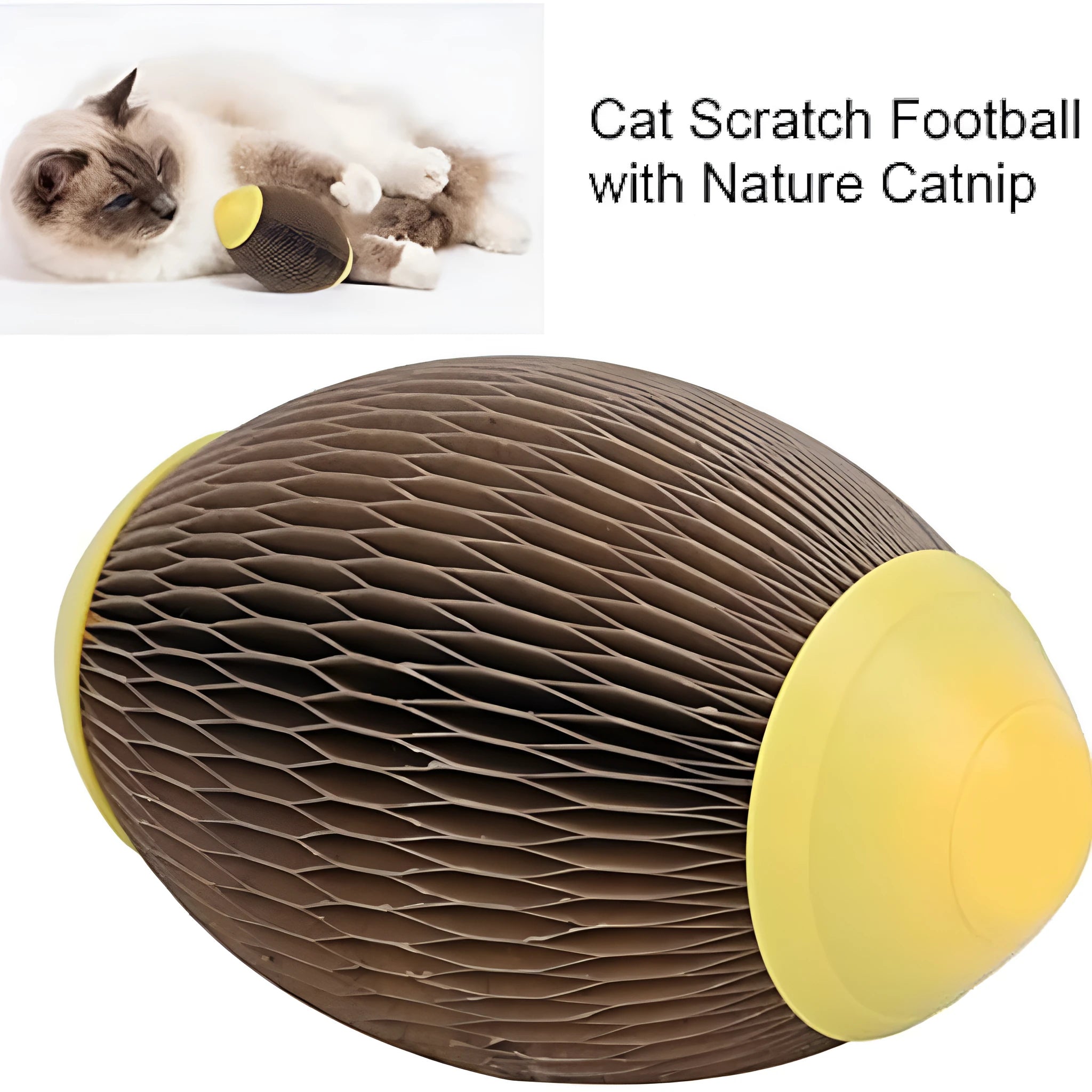 Elliptical corrugated paper catnip scratch football toy for cats.