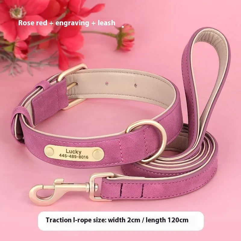 Double-layer leather dog collar and matching lead in rose red, brown, or blue
