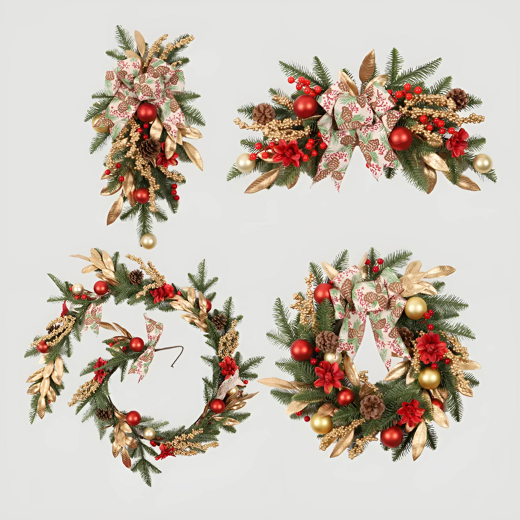 Plastic American country style Christmas garland options: wall hanging, lintel, standard, and rattan strand.