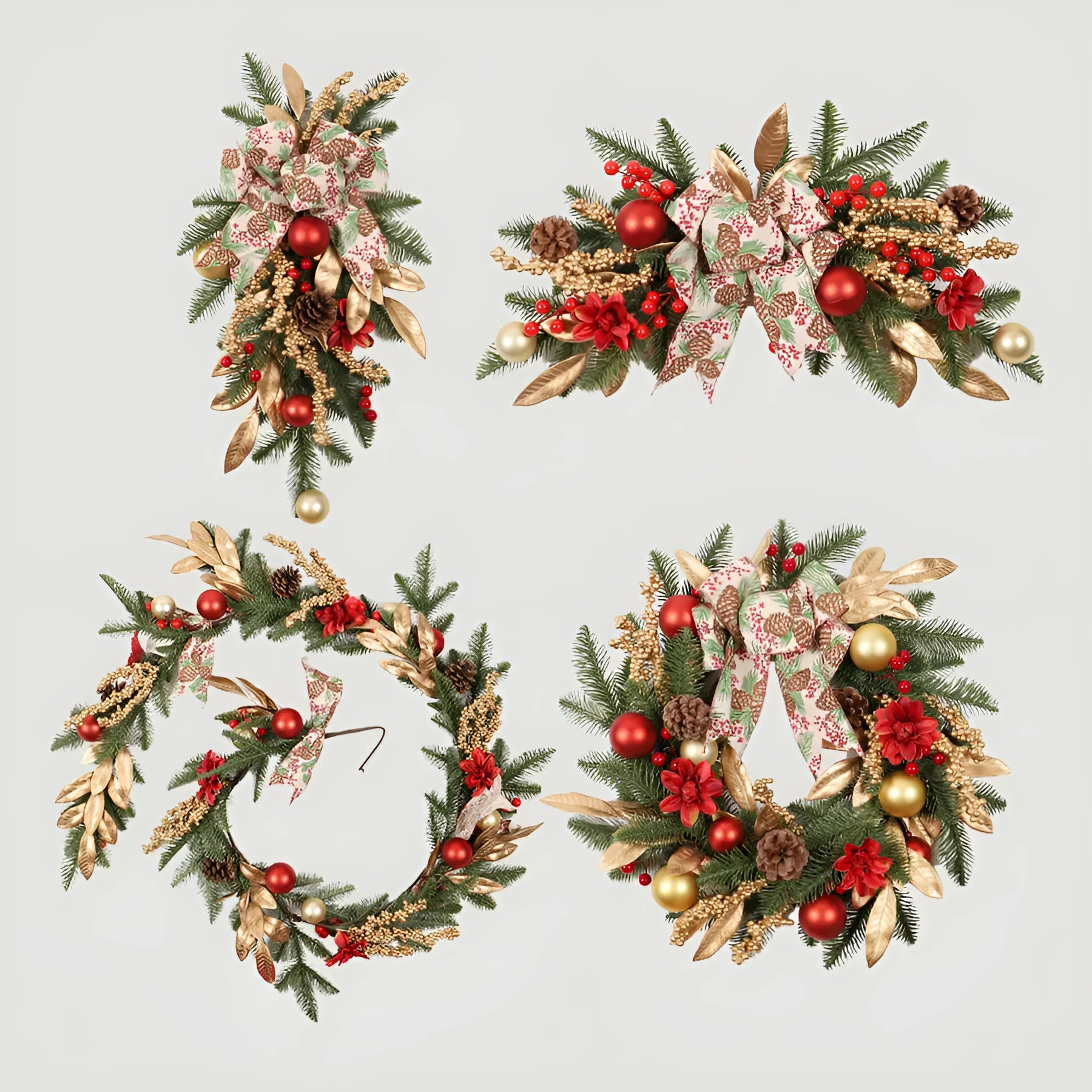 Plastic American country style Christmas garland options: wall hanging, lintel, standard, and rattan strand.