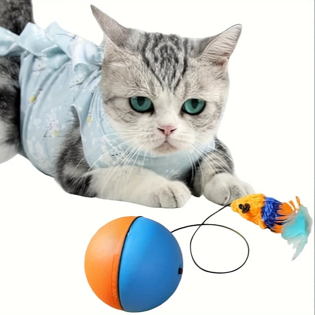 Interactive cat toy with grey and orange plush mouse, ball, and feather tail for feline exercise