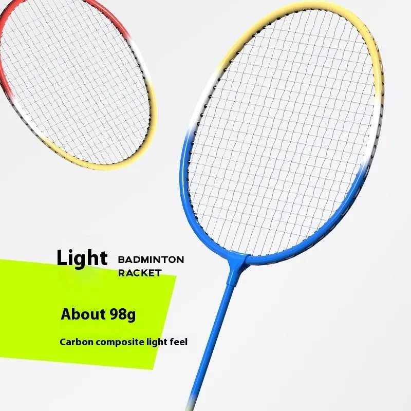 Pair of blue and red alloy split badminton rackets with pre-strung frames