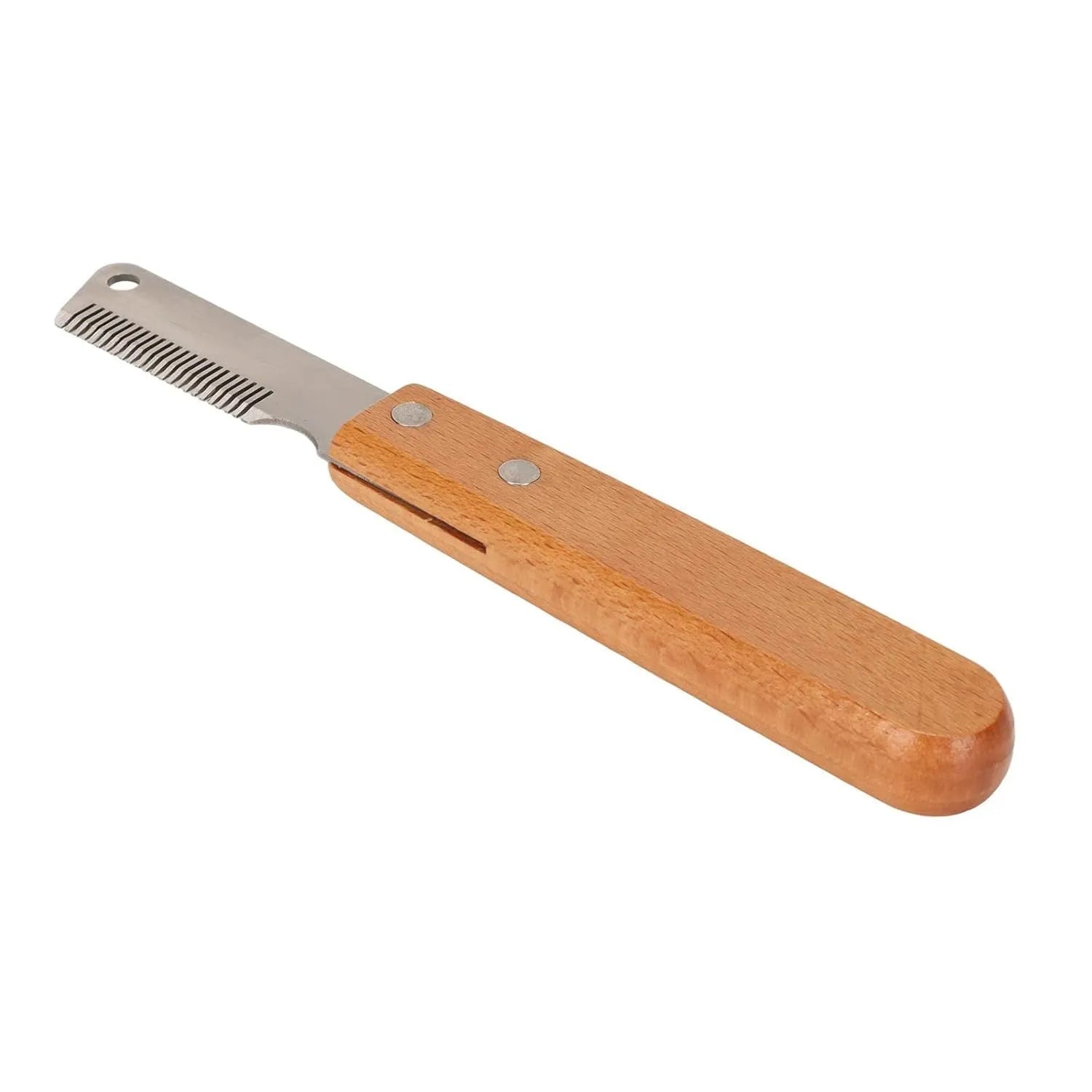 Pet stripping comb grooming tool with wood handle in two sizes for dogs and cats